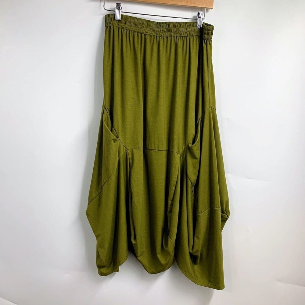 Nyah Olive Green Balloon Midi Skirt Womens Medium Elastic Waist Pockets Jersey